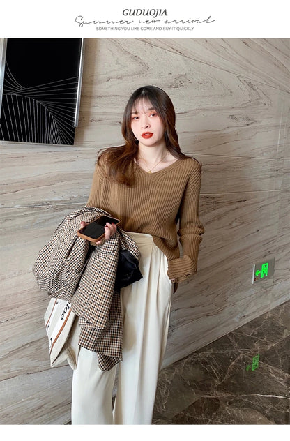 Autumn Winter Women Sweaters Long Sleeve Knitted V Neck Button Pullover Sweater Femme Basic Solid Jersey Tops Fashion Clothes