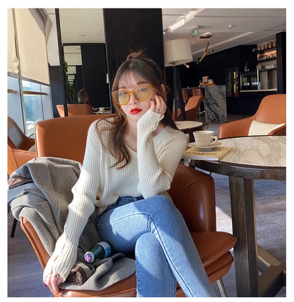 Autumn Winter Women Sweaters Long Sleeve Knitted V Neck Button Pullover Sweater Femme Basic Solid Jersey Tops Fashion Clothes