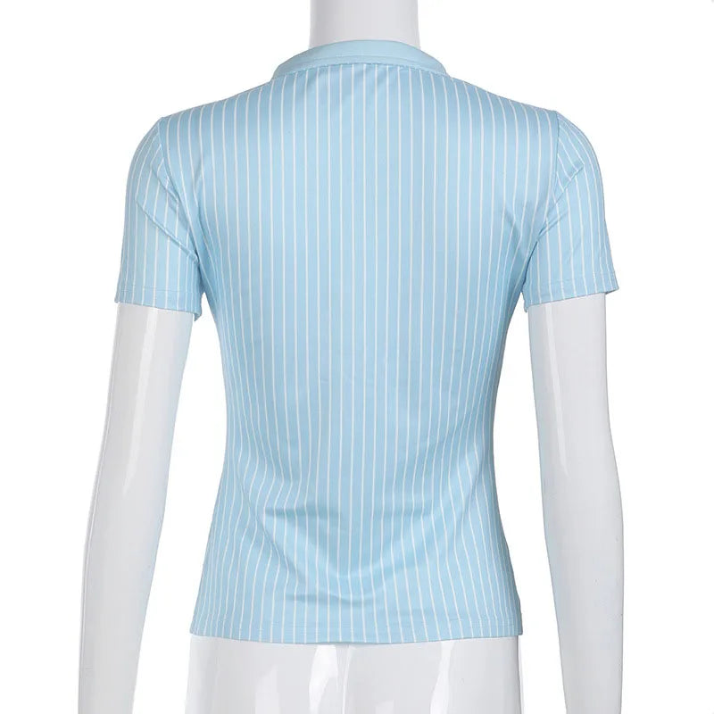 Classic Blue Striped Shirts Women Summer Shorts Sleeve Button Up Basic Shirt Mujer Y2K Aesthetic Retro Slim Fit Lapel Blouse