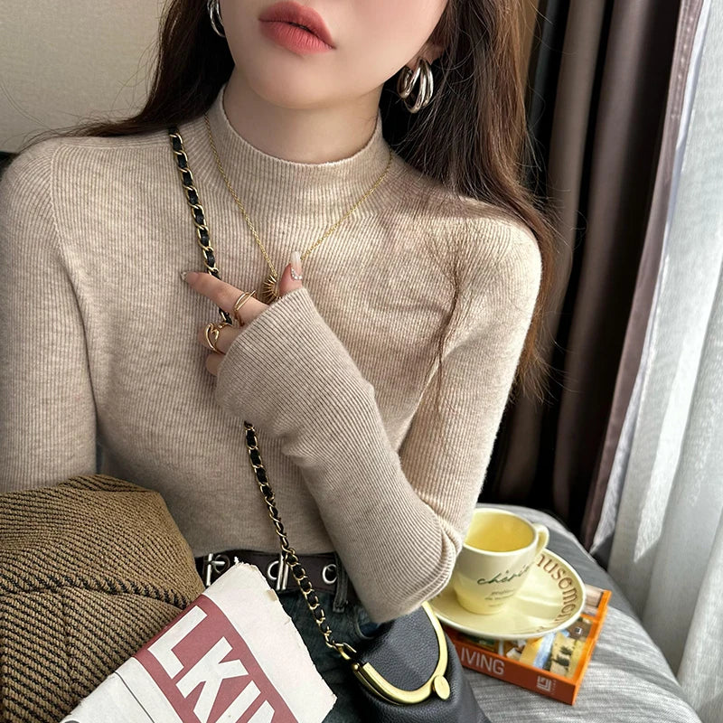 Hot Sale Women Sweater Autumn Mock Neck Vintage Basic Solid Knitted Tops Slim Pullover Korean Sweaters Long Sleeve Clothes 90s