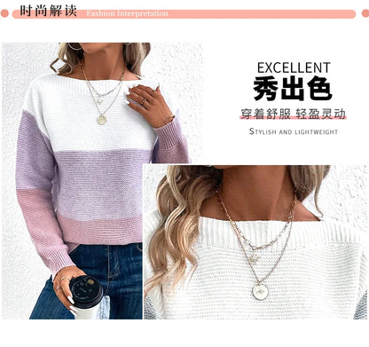 New Autumn Winter Knitted Sweater Women's Foreign Trade Color Blocking Splicing Round Neck Long Sleeved Pullover Top