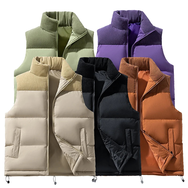 Winter Unisex Puffer Vest Thickened Warm Corduroy Windproof Outdoor Sleeveless Stand Collar Fashion Casual Cotton-Padded Coat
