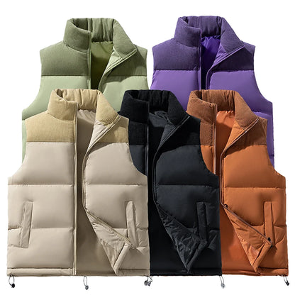 Winter Unisex Puffer Vest Thickened Warm Corduroy Windproof Outdoor Sleeveless Stand Collar Fashion Casual Cotton-Padded Coat