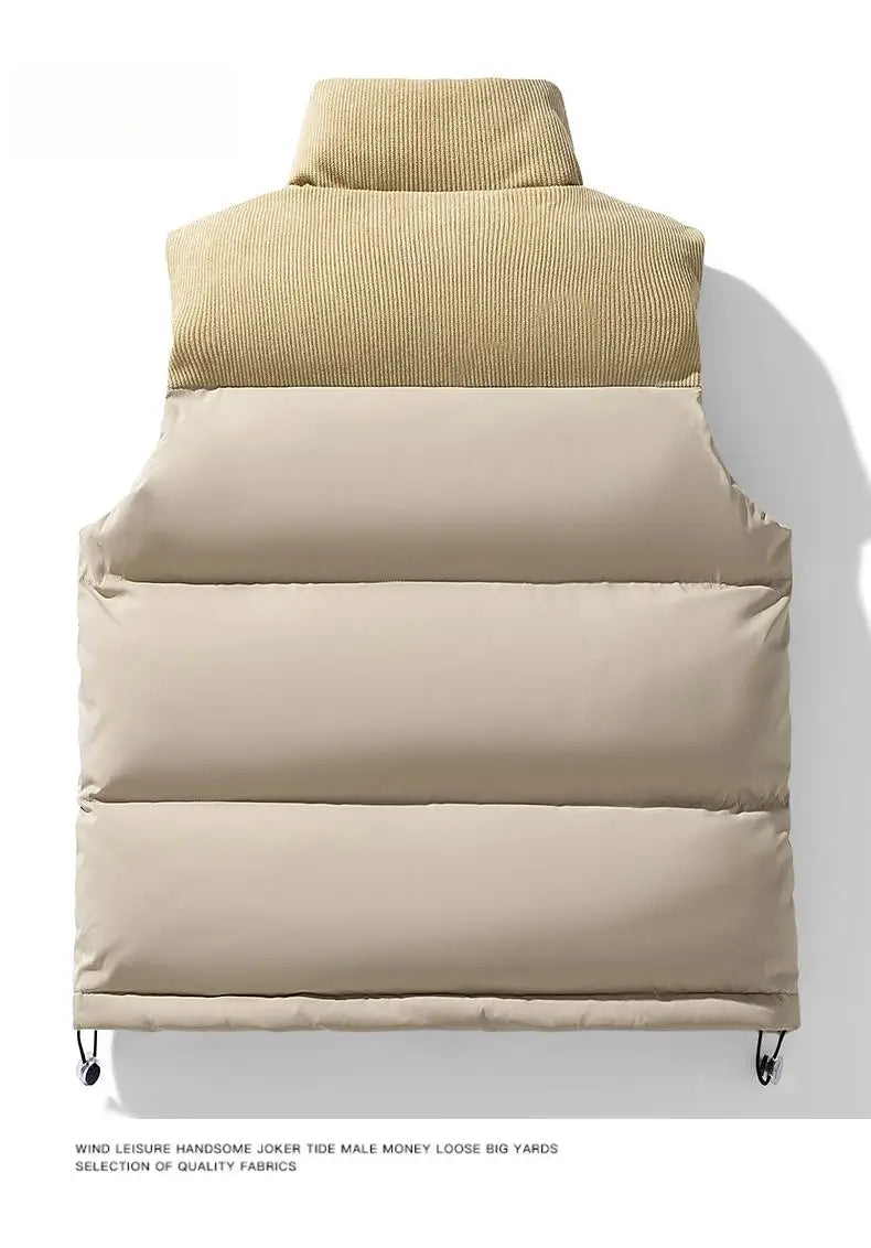 Winter Unisex Puffer Vest Thickened Warm Corduroy Windproof Outdoor Sleeveless Stand Collar Fashion Casual Cotton-Padded Coat