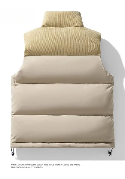 Winter Unisex Puffer Vest Thickened Warm Corduroy Windproof Outdoor Sleeveless Stand Collar Fashion Casual Cotton-Padded Coat