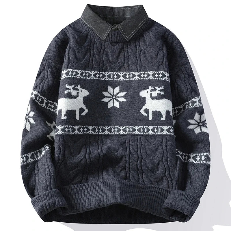 Christmas Clothing Men Sweaters Reindeer Pattern Long Sleeve Polo Neck Xmas Holiday Loose Knitwear Sweater Man Jumper Pullover