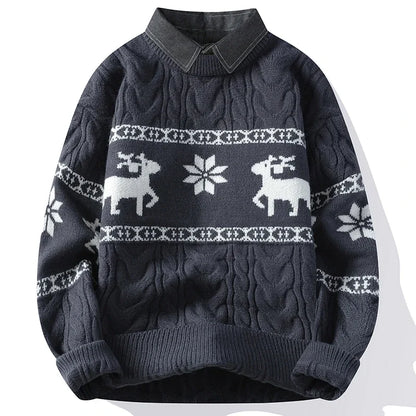 Christmas Clothing Men Sweaters Reindeer Pattern Long Sleeve Polo Neck Xmas Holiday Loose Knitwear Sweater Man Jumper Pullover