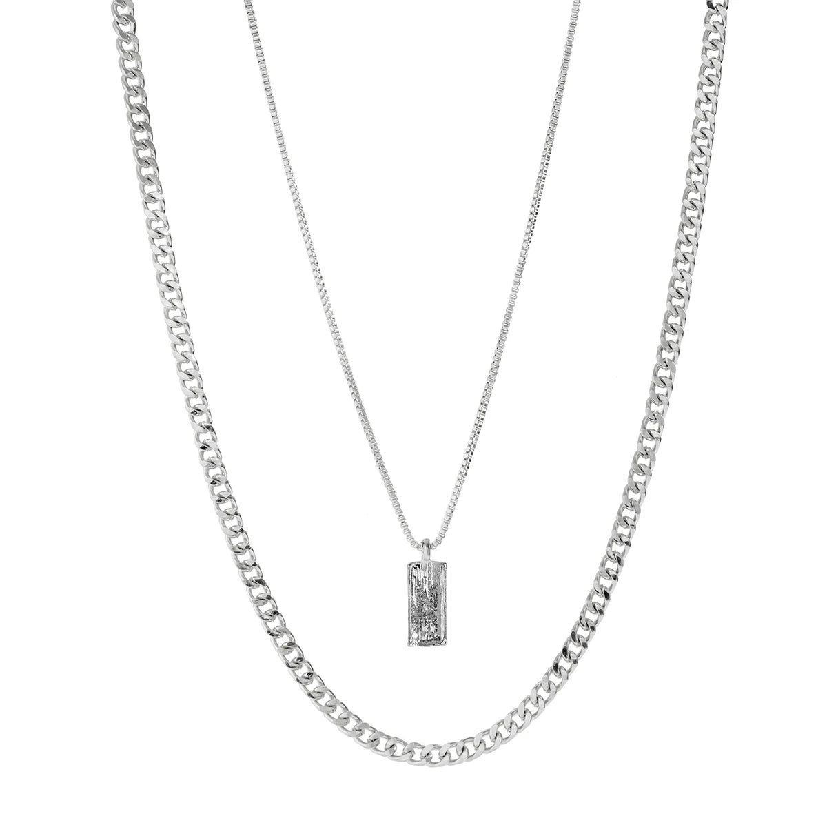 KunJoe 2pcs/set Rectangular Pendant Box Chain Necklace for Men Punk Silver Color Cuban Link Chain Choker Necklace Party
