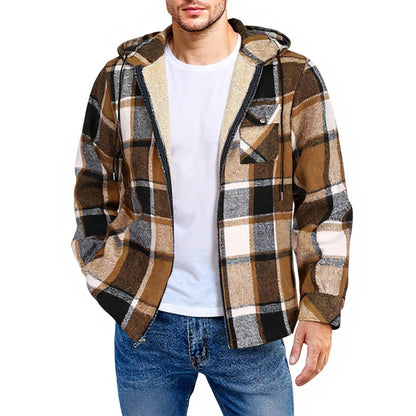 Men's Shirt Plaid Retro Warm Top Winter Fashion Men's Clothing Classic Style Zipper Jacket Thickened Fleece Lined Hooded