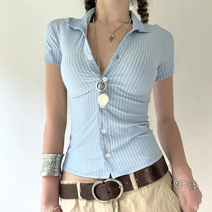 Classic Blue Striped Shirts Women Summer Shorts Sleeve Button Up Basic Shirt Mujer Y2K Aesthetic Retro Slim Fit Lapel Blouse