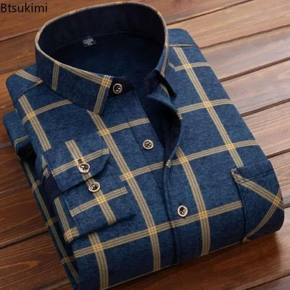 2025 Men's Winter Warm Long Sleeve Plaid Shirts Flannel Fur Lined Thick Formal Shirts Fleece Casual Shirt for Men Dress Shirts