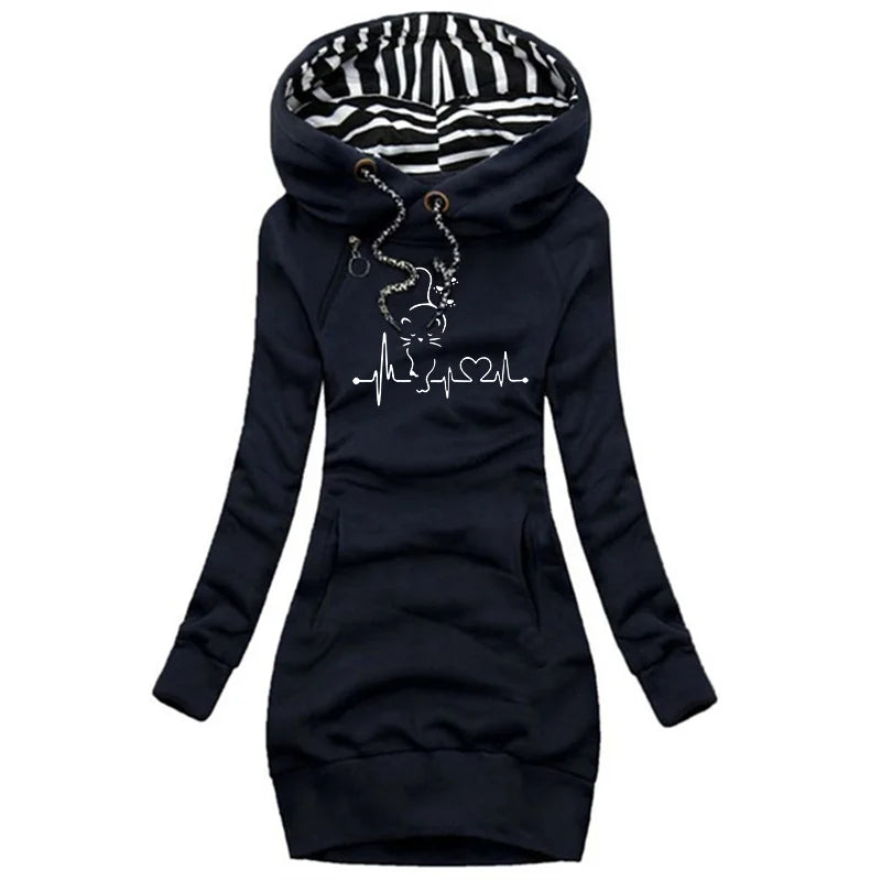 Trendy Line Cat Printed Autumn and Winter Women's Fashion Hoodie Dresses Hoodie Dresses Women's Long Sleeve Sweater Dresses