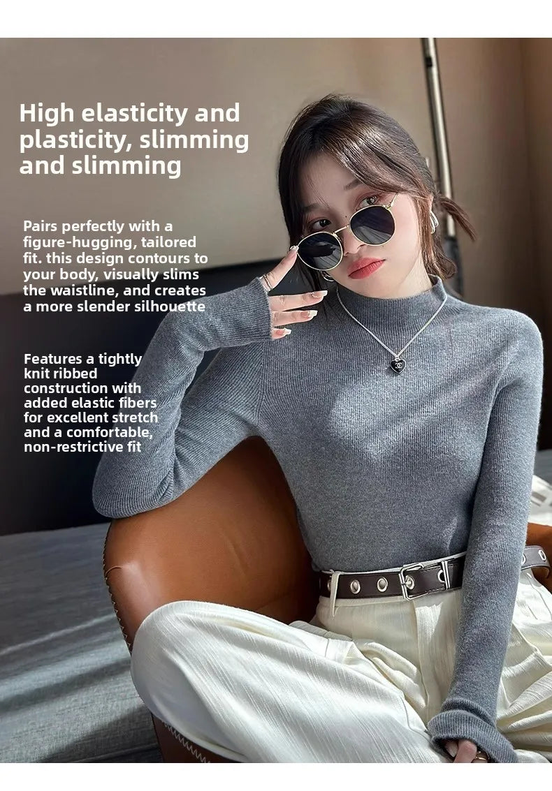 Hot Sale Women Sweater Autumn Mock Neck Vintage Basic Solid Knitted Tops Slim Pullover Korean Sweaters Long Sleeve Clothes 90s