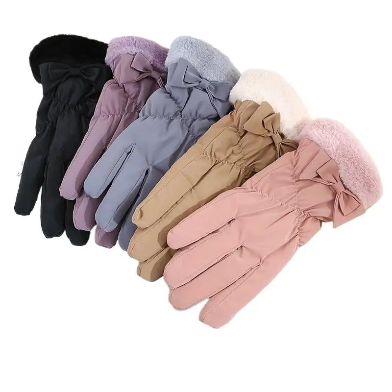 Ski Gloves Women Winter Fleece Thickened Warm Plush Cotton Waterproof Touch-Screen Gloves For Outdoor Riding Mountaineering