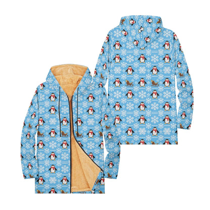 Unisex Christmas Winter Hooded Jacket with Festive Patterns Snowflakes Snowmen Reindeer and Penguins Soft Fleece Lining Warmth