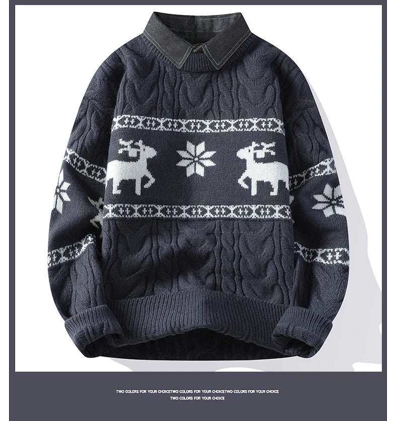 Christmas Clothing Men Sweaters Reindeer Pattern Long Sleeve Polo Neck Xmas Holiday Loose Knitwear Sweater Man Jumper Pullover