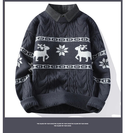 Christmas Clothing Men Sweaters Reindeer Pattern Long Sleeve Polo Neck Xmas Holiday Loose Knitwear Sweater Man Jumper Pullover