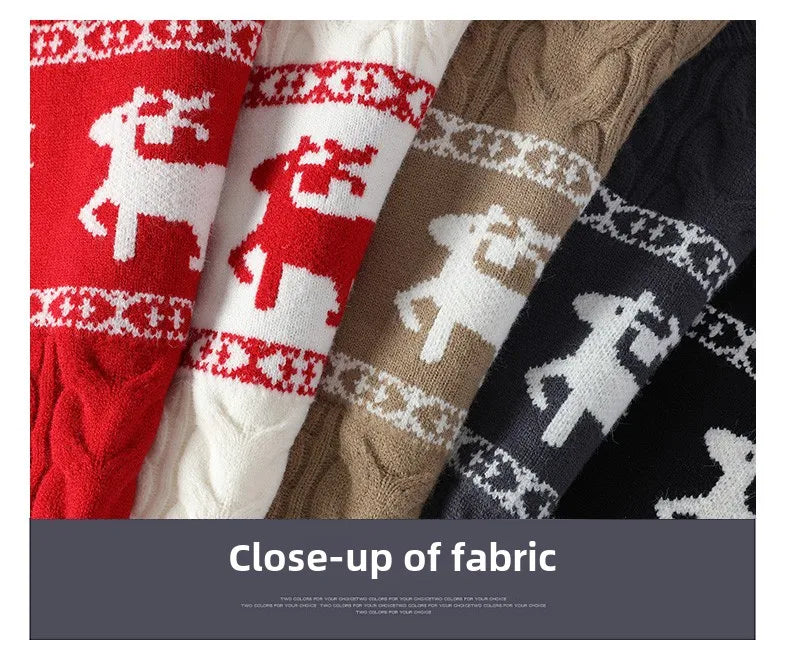 Christmas Clothing Men Sweaters Reindeer Pattern Long Sleeve Polo Neck Xmas Holiday Loose Knitwear Sweater Man Jumper Pullover