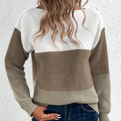 New Autumn Winter Knitted Sweater Women's Foreign Trade Color Blocking Splicing Round Neck Long Sleeved Pullover Top
