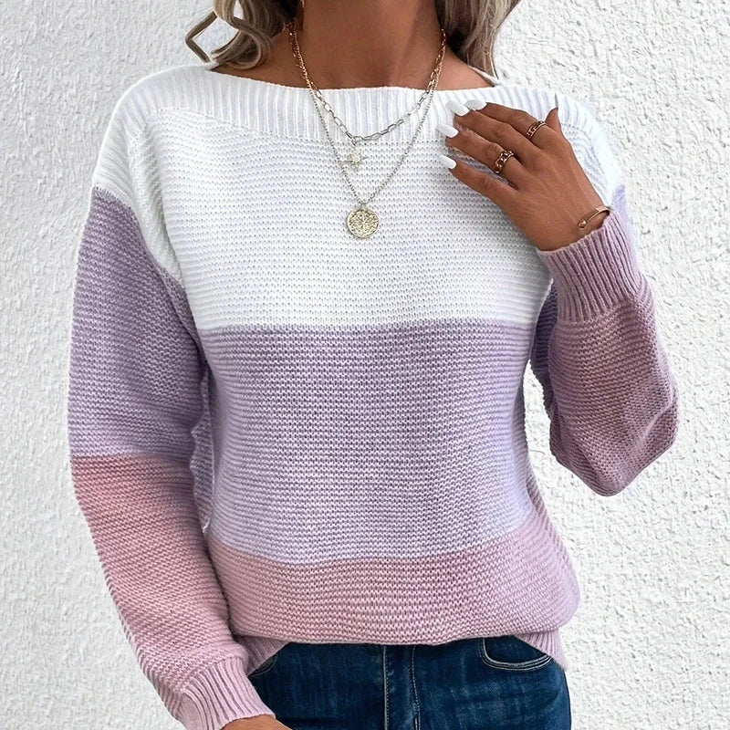 New Autumn Winter Knitted Sweater Women's Foreign Trade Color Blocking Splicing Round Neck Long Sleeved Pullover Top
