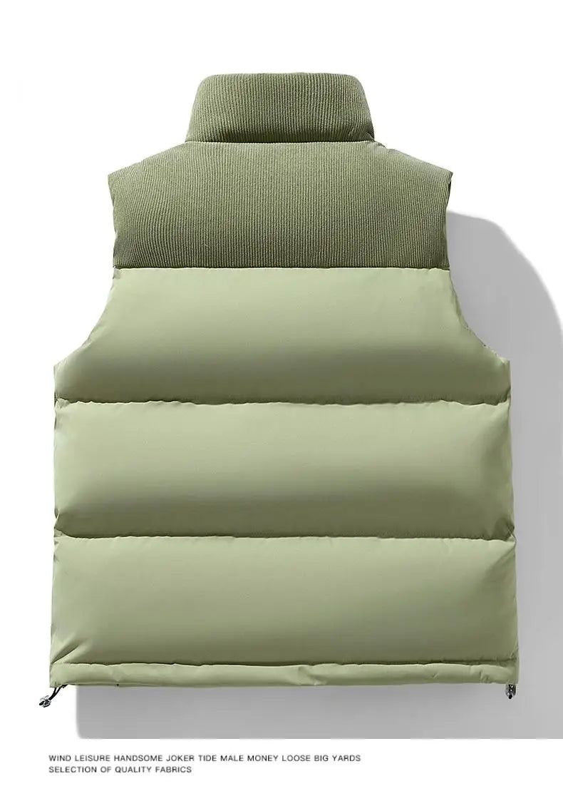 Winter Unisex Puffer Vest Thickened Warm Corduroy Windproof Outdoor Sleeveless Stand Collar Fashion Casual Cotton-Padded Coat
