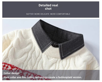 Christmas Clothing Men Sweaters Reindeer Pattern Long Sleeve Polo Neck Xmas Holiday Loose Knitwear Sweater Man Jumper Pullover