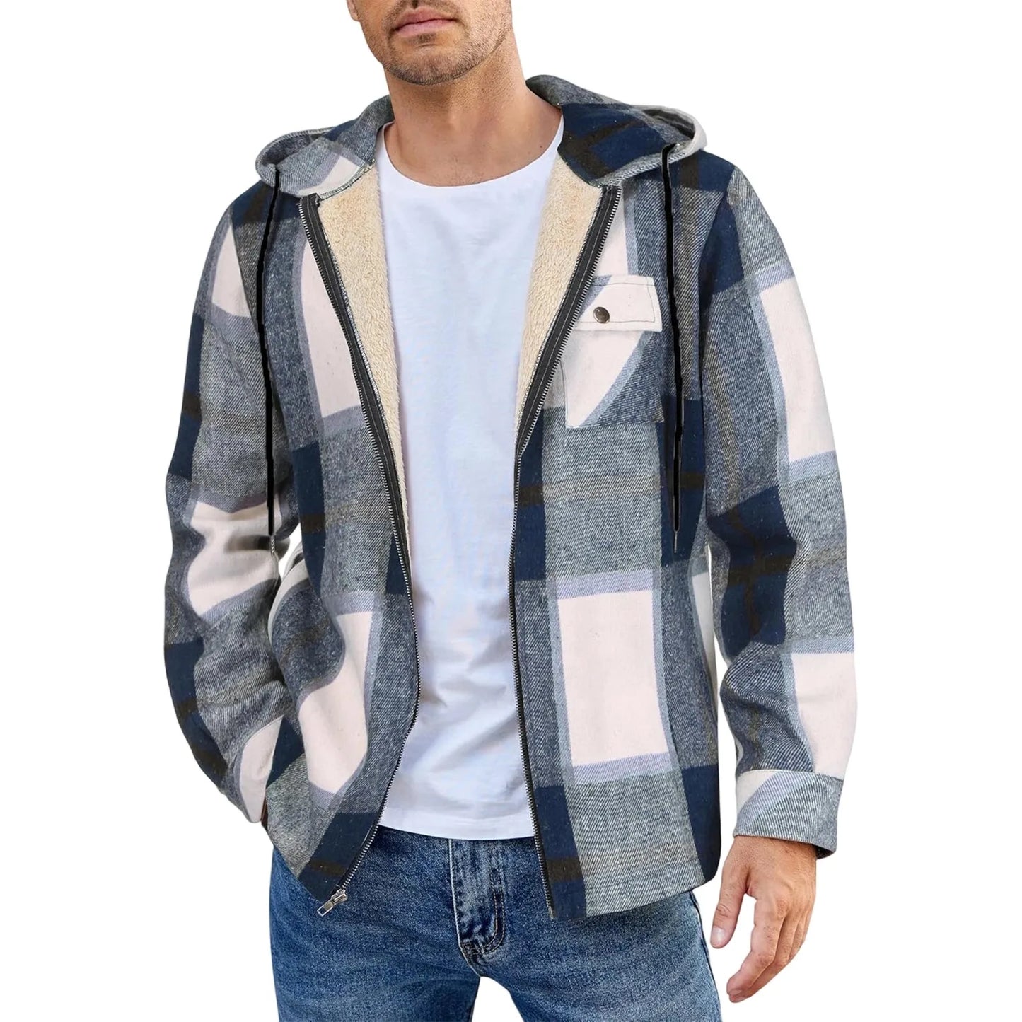 Men's Shirt Plaid Retro Warm Top Winter Fashion Men's Clothing Classic Style Zipper Jacket Thickened Fleece Lined Hooded