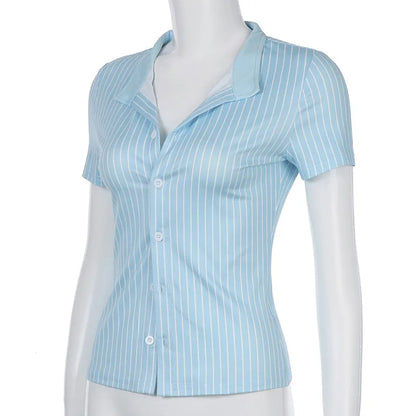 Classic Blue Striped Shirts Women Summer Shorts Sleeve Button Up Basic Shirt Mujer Y2K Aesthetic Retro Slim Fit Lapel Blouse