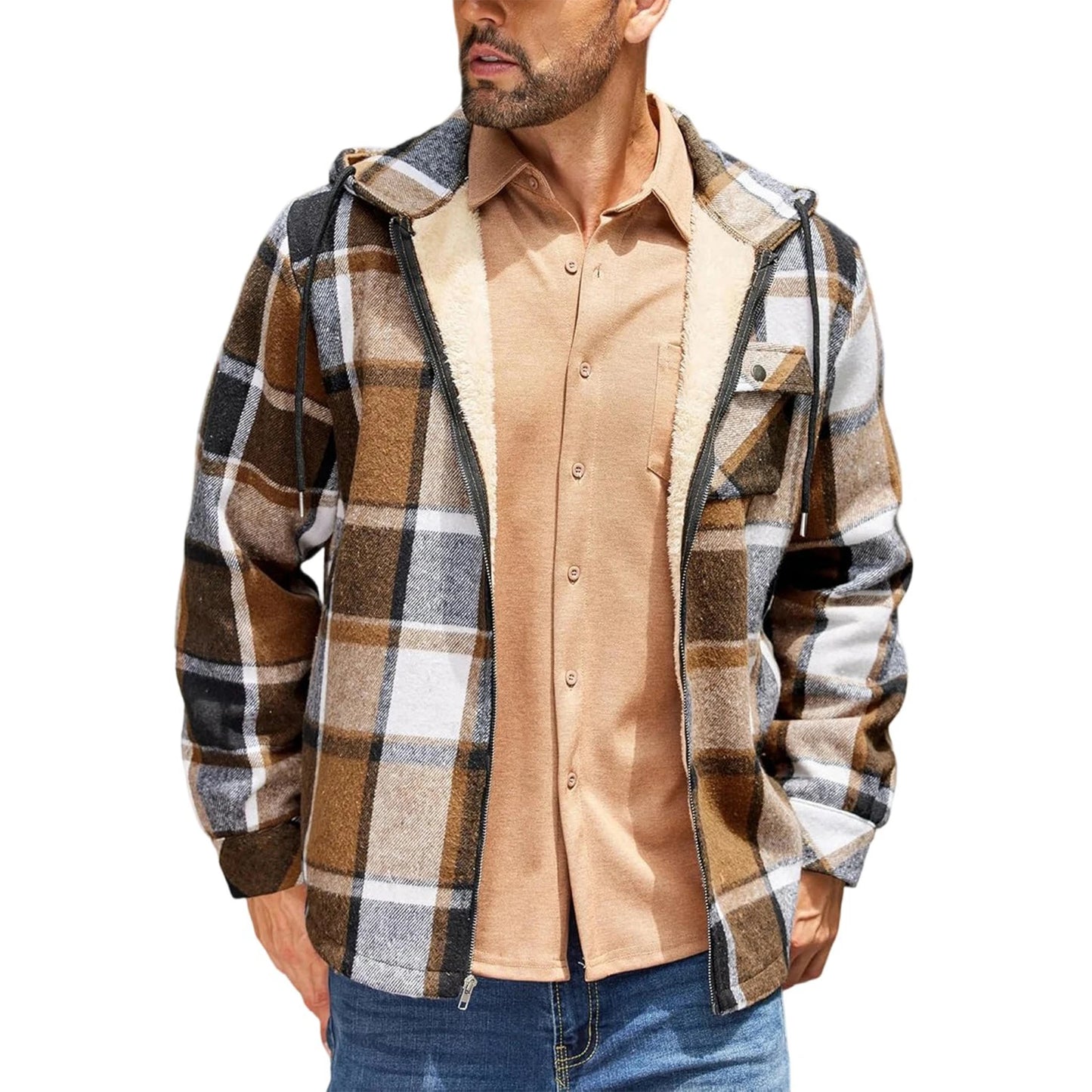 Men's Shirt Plaid Retro Warm Top Winter Fashion Men's Clothing Classic Style Zipper Jacket Thickened Fleece Lined Hooded