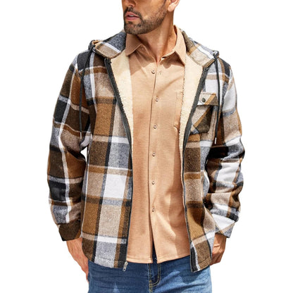 Men's Shirt Plaid Retro Warm Top Winter Fashion Men's Clothing Classic Style Zipper Jacket Thickened Fleece Lined Hooded