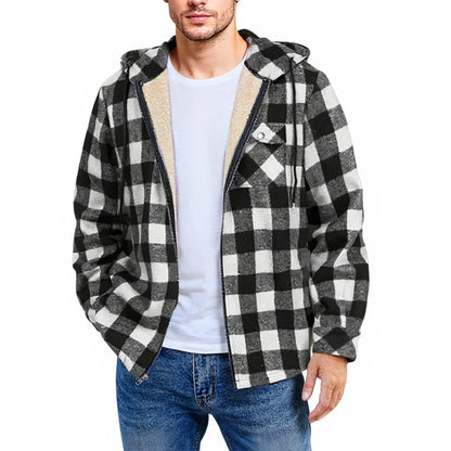 Men's Shirt Plaid Retro Warm Top Winter Fashion Men's Clothing Classic Style Zipper Jacket Thickened Fleece Lined Hooded