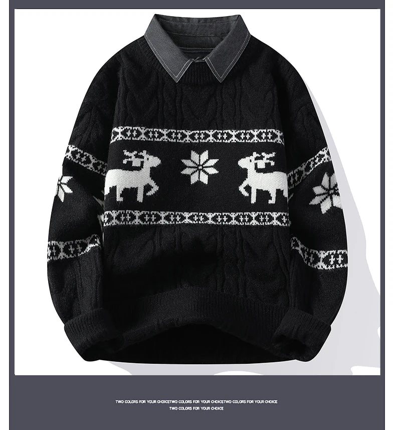 Christmas Clothing Men Sweaters Reindeer Pattern Long Sleeve Polo Neck Xmas Holiday Loose Knitwear Sweater Man Jumper Pullover