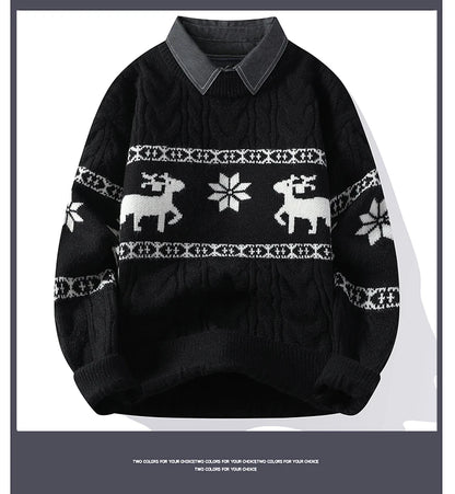 Christmas Clothing Men Sweaters Reindeer Pattern Long Sleeve Polo Neck Xmas Holiday Loose Knitwear Sweater Man Jumper Pullover