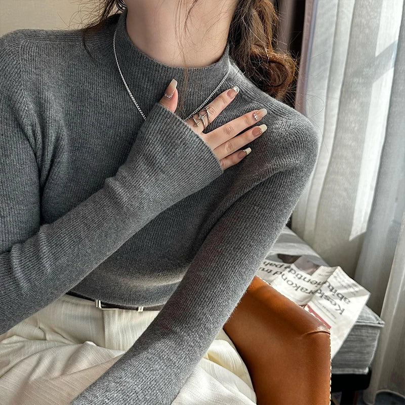 Hot Sale Women Sweater Autumn Mock Neck Vintage Basic Solid Knitted Tops Slim Pullover Korean Sweaters Long Sleeve Clothes 90s