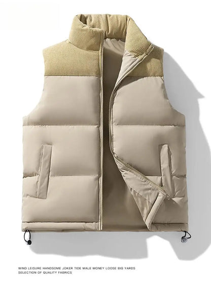 Winter Unisex Puffer Vest Thickened Warm Corduroy Windproof Outdoor Sleeveless Stand Collar Fashion Casual Cotton-Padded Coat