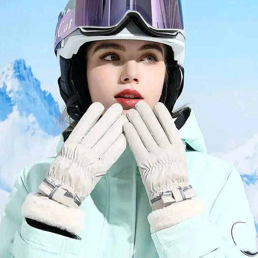 Ski Gloves Women Winter Fleece Thickened Warm Plush Cotton Waterproof Touch-Screen Gloves For Outdoor Riding Mountaineering