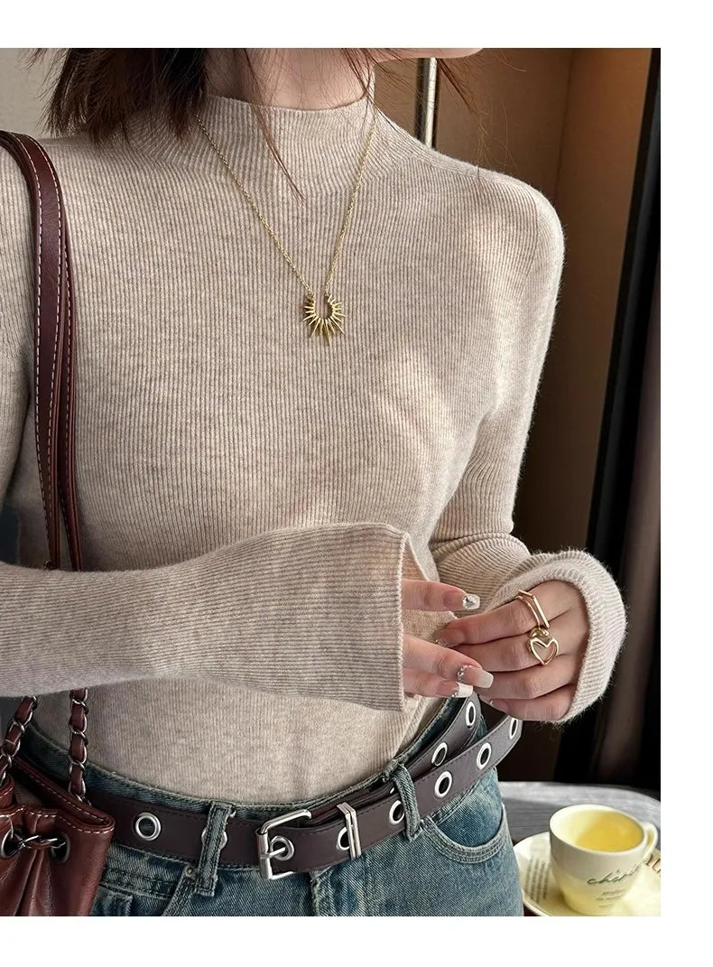 Hot Sale Women Sweater Autumn Mock Neck Vintage Basic Solid Knitted Tops Slim Pullover Korean Sweaters Long Sleeve Clothes 90s
