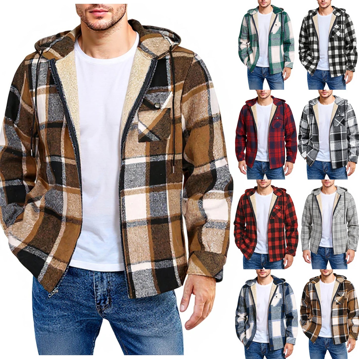 Men's Shirt Plaid Retro Warm Top Winter Fashion Men's Clothing Classic Style Zipper Jacket Thickened Fleece Lined Hooded