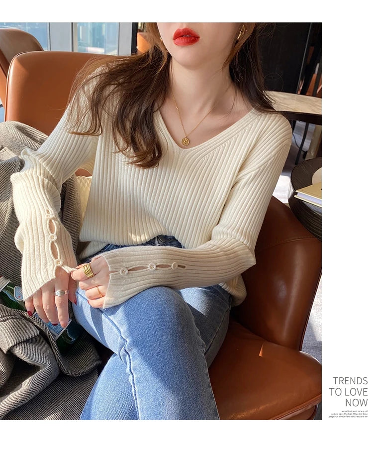 Autumn Winter Women Sweaters Long Sleeve Knitted V Neck Button Pullover Sweater Femme Basic Solid Jersey Tops Fashion Clothes