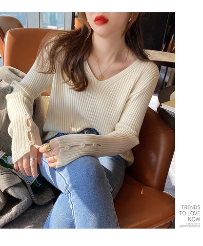 Autumn Winter Women Sweaters Long Sleeve Knitted V Neck Button Pullover Sweater Femme Basic Solid Jersey Tops Fashion Clothes
