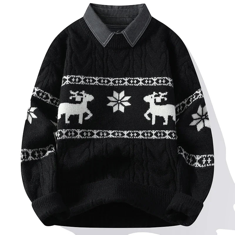 Christmas Clothing Men Sweaters Reindeer Pattern Long Sleeve Polo Neck Xmas Holiday Loose Knitwear Sweater Man Jumper Pullover