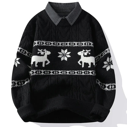 Christmas Clothing Men Sweaters Reindeer Pattern Long Sleeve Polo Neck Xmas Holiday Loose Knitwear Sweater Man Jumper Pullover