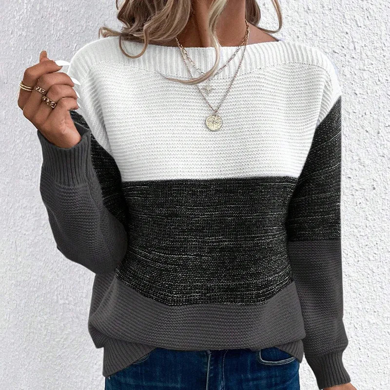 New Autumn Winter Knitted Sweater Women's Foreign Trade Color Blocking Splicing Round Neck Long Sleeved Pullover Top