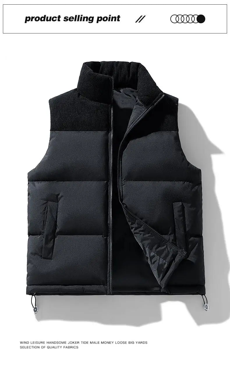 Winter Unisex Puffer Vest Thickened Warm Corduroy Windproof Outdoor Sleeveless Stand Collar Fashion Casual Cotton-Padded Coat