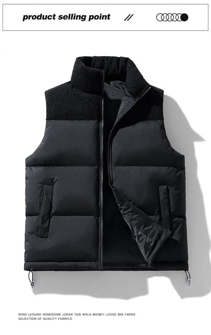 Winter Unisex Puffer Vest Thickened Warm Corduroy Windproof Outdoor Sleeveless Stand Collar Fashion Casual Cotton-Padded Coat