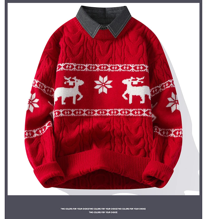 Christmas Clothing Men Sweaters Reindeer Pattern Long Sleeve Polo Neck Xmas Holiday Loose Knitwear Sweater Man Jumper Pullover