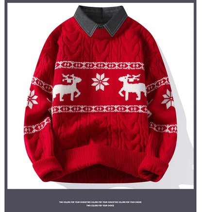 Christmas Clothing Men Sweaters Reindeer Pattern Long Sleeve Polo Neck Xmas Holiday Loose Knitwear Sweater Man Jumper Pullover