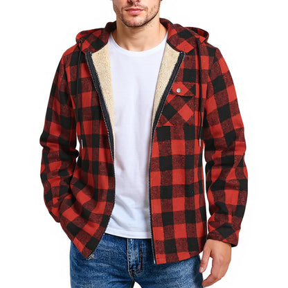 Men's Shirt Plaid Retro Warm Top Winter Fashion Men's Clothing Classic Style Zipper Jacket Thickened Fleece Lined Hooded