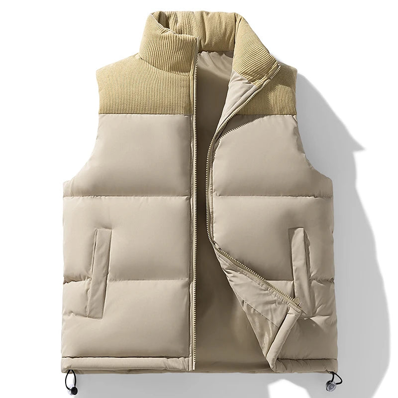 Winter Unisex Puffer Vest Thickened Warm Corduroy Windproof Outdoor Sleeveless Stand Collar Fashion Casual Cotton-Padded Coat