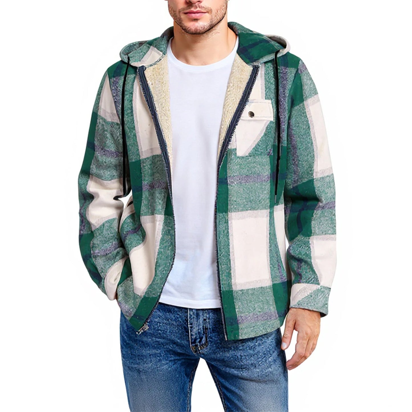 Men's Shirt Plaid Retro Warm Top Winter Fashion Men's Clothing Classic Style Zipper Jacket Thickened Fleece Lined Hooded